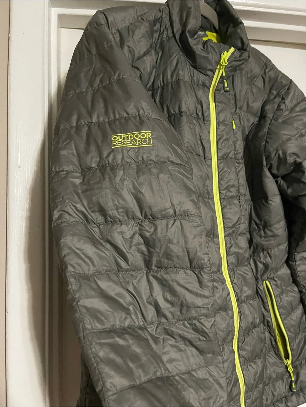 Outdoor Research Transcendent Down Jacket Mens L Gray Neon Goose Puffer **READ**